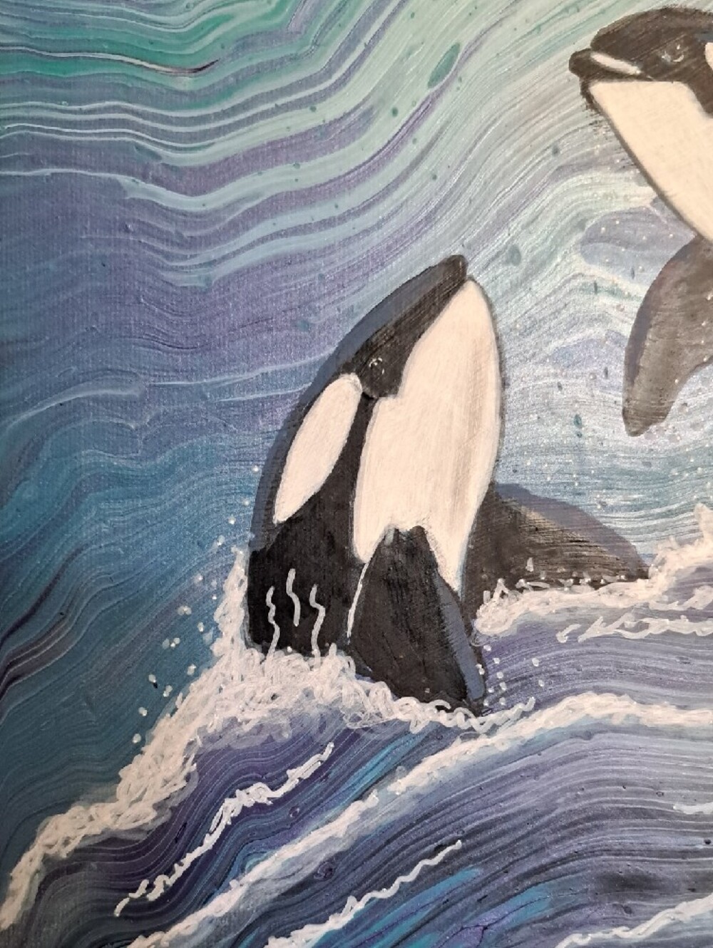 Hand Painted Dynamic Orca Pod Playing in the Waves - Picture 3 of 8